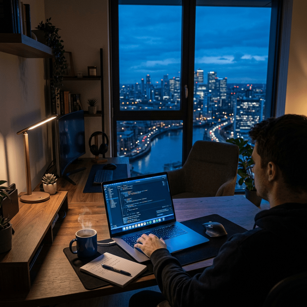 Person coding on a laptop at a desk with city skyline through large window at dusk